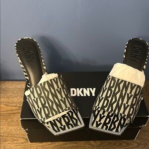 DKNY Monogram Black and White Mules